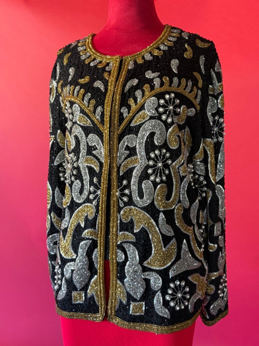 Vintage Laurence Kazar Beaded Silk Jacket, Black Gold Silver Jacket, Size L - Picture 8 of 12